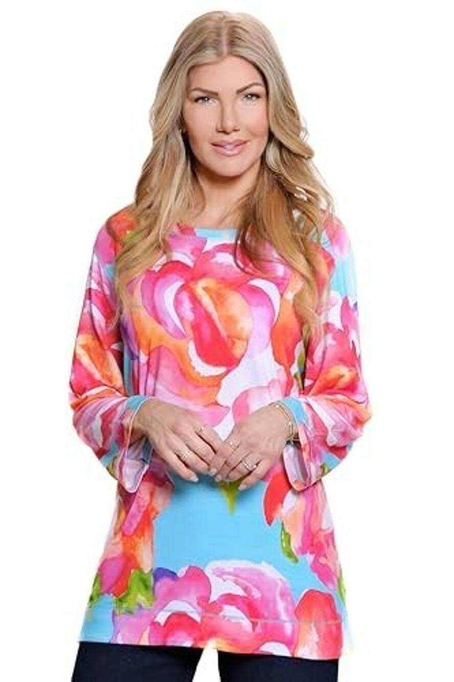 Ali Miles 1X Top Pink Blue Floral Colorful Art Pullover Soft Stretch 3/4 Sleeves